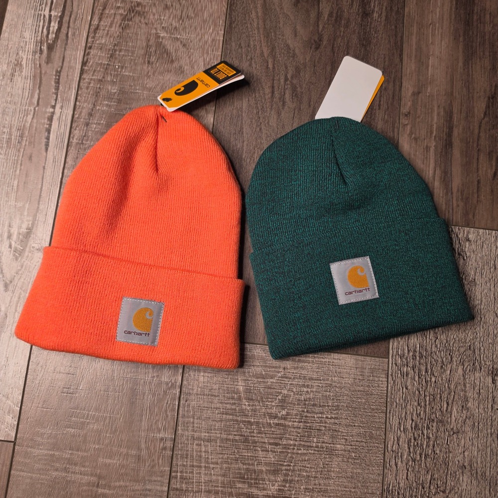 Carhartt Knit Cuffed Beanie Hat Unisex OS Orange Green Acrylic Lot 2 Winter Work